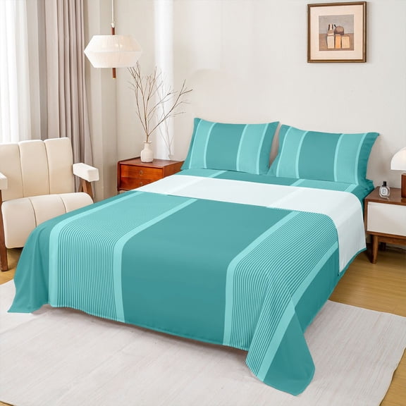 Homewish Cyan Lines Twin Sheet Sets,Modern Asbtract Geometric Twin Fitted Sheet,Stripe Flat Sheet For Men Women,Super Cozy Room Decor,3-Piece