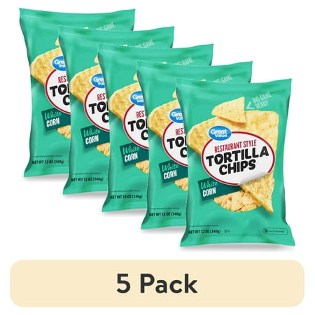 (5 pack) Great Value Restaurant Style White Corn Tortilla Chips, 12 oz Bag