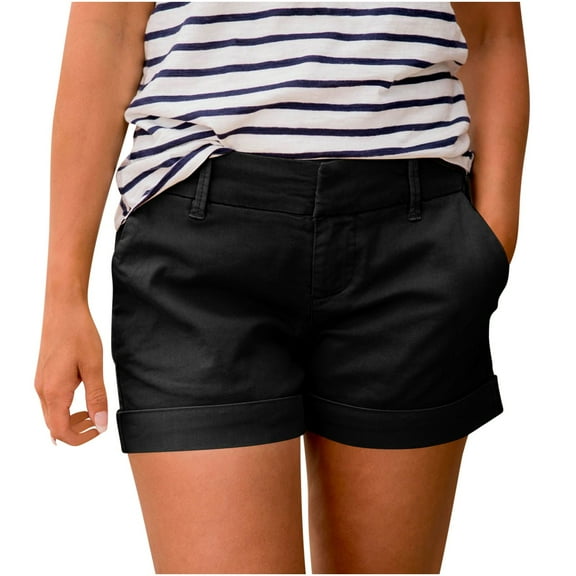 Akafmk Women's Summer Shorts,Womens Solid Color Elastic Waist Buckle Cuff Turn Up Pocket Casual Shorts Pants S
