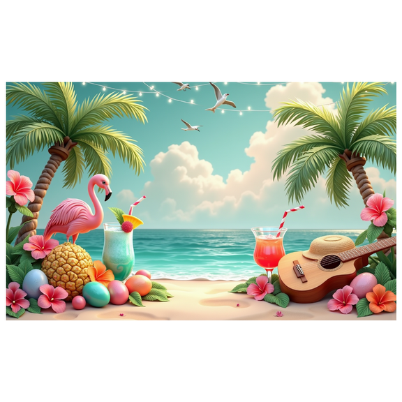 Vintage Tropical Flamingo Banner Palm Trees Beach Sunset for Summer Beach Party Wedding Travel