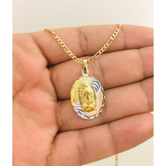 14K Gold Filled Tri-Color Guadalupe Necklace 20" Catholics Pendant 26x18mm , Dije de Guadalupe , Cadena Figaro Link, Regalos Navidad