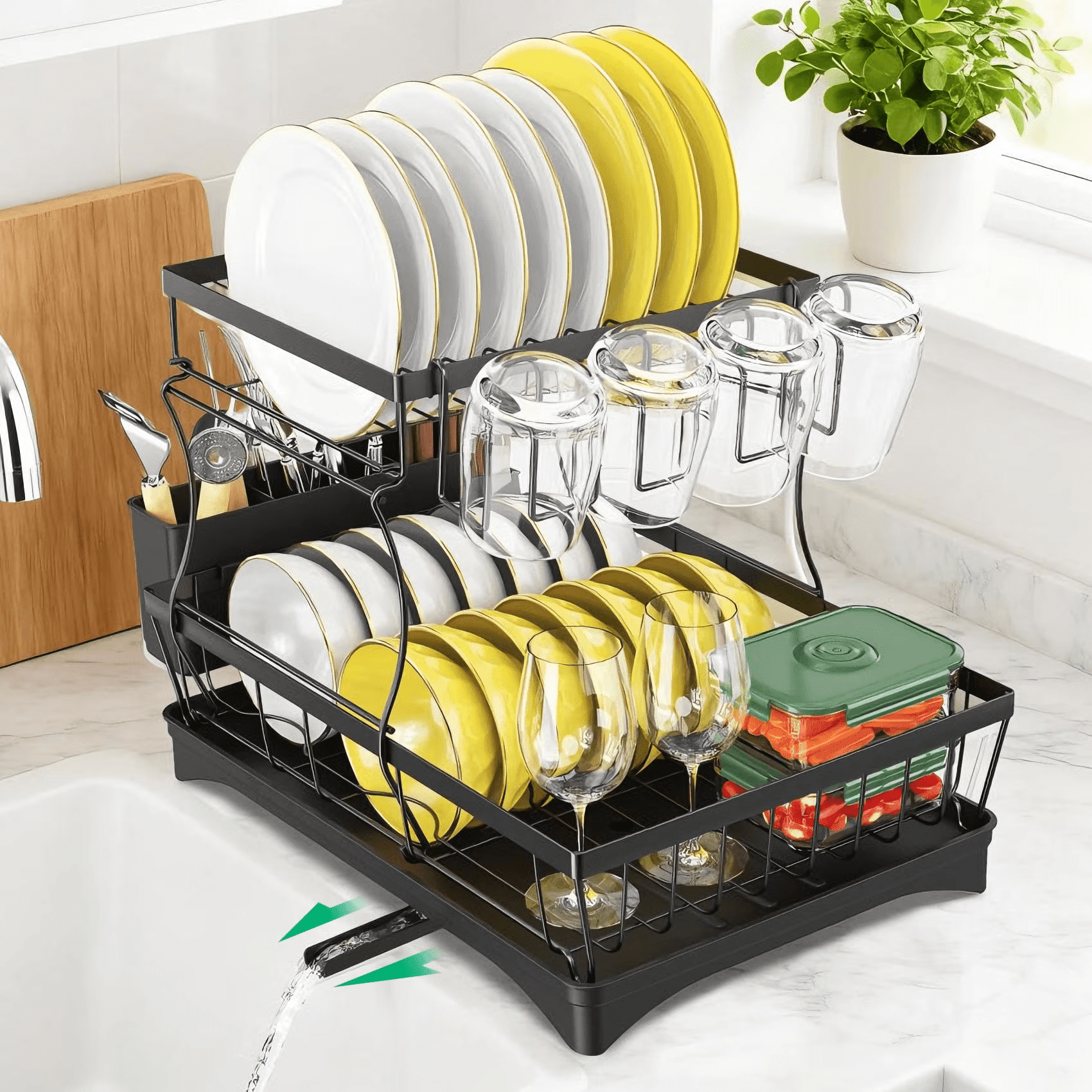 Glovv Over the Sink Dish Drying Rack, 2-Tier Collapsible Dish Racks for Kitchen Counter, Dish Drainer Kitchen Sink Organizer with Auto Drainage System, Black