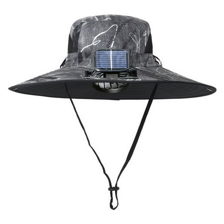 Kitem Men Fisherman Hat with Solar Fan Large Brim Windproof Strap USB Charging Anti-UV Sunscreen Quick Dry Great Breathability Outdoor Fishing Camping Travel Cap