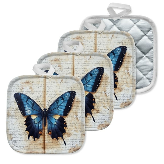 4 Pack Pot Holders,Kitchen Essential, Potholder Set,Blue Butterfly On An Aged Handwritten Book