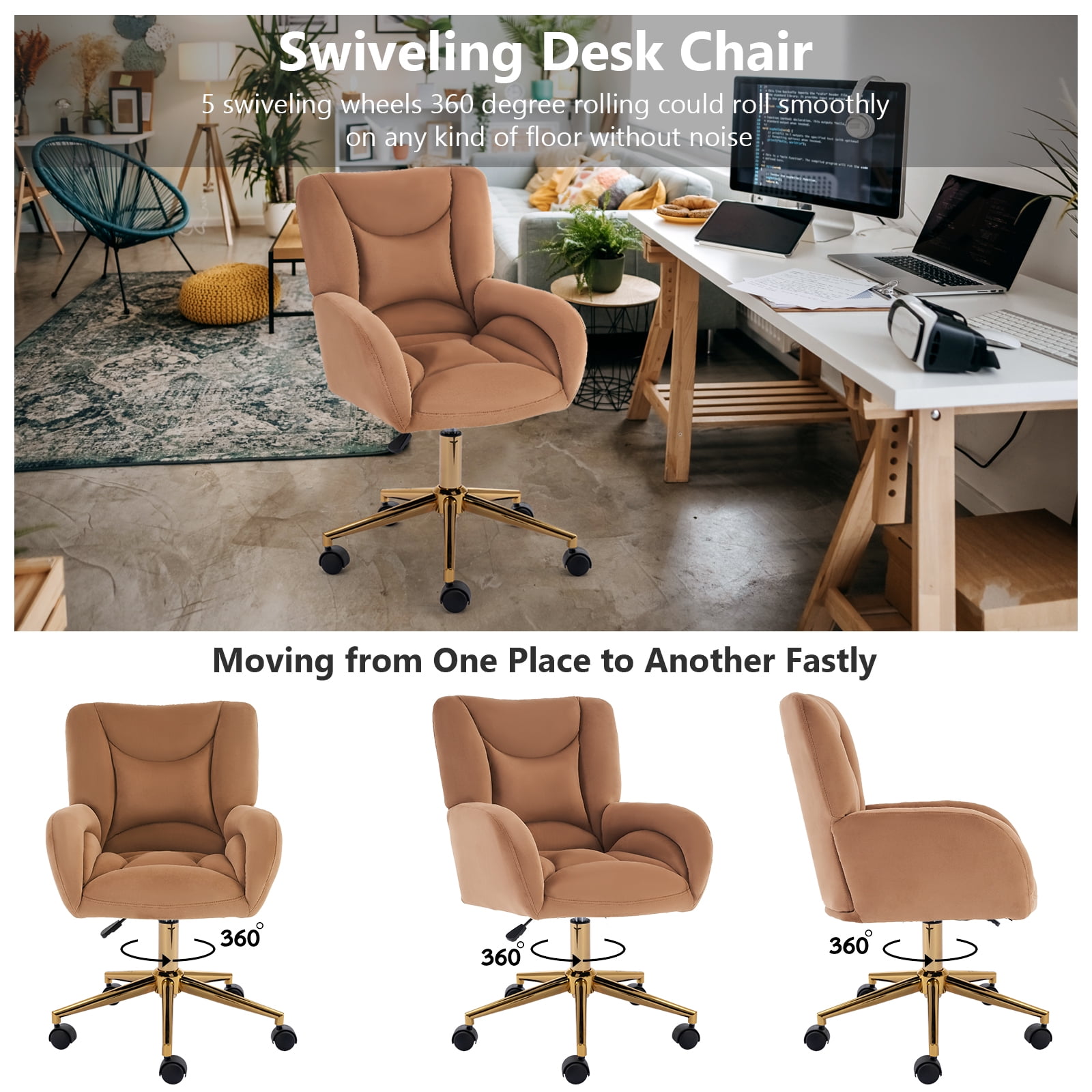 Desk Chair with Wheels and Arms Velvet Comfortable Desk Chair for Home Office Height Adjustable Vanity Chair Modern Task Chair Computer Desk Chair Coffee