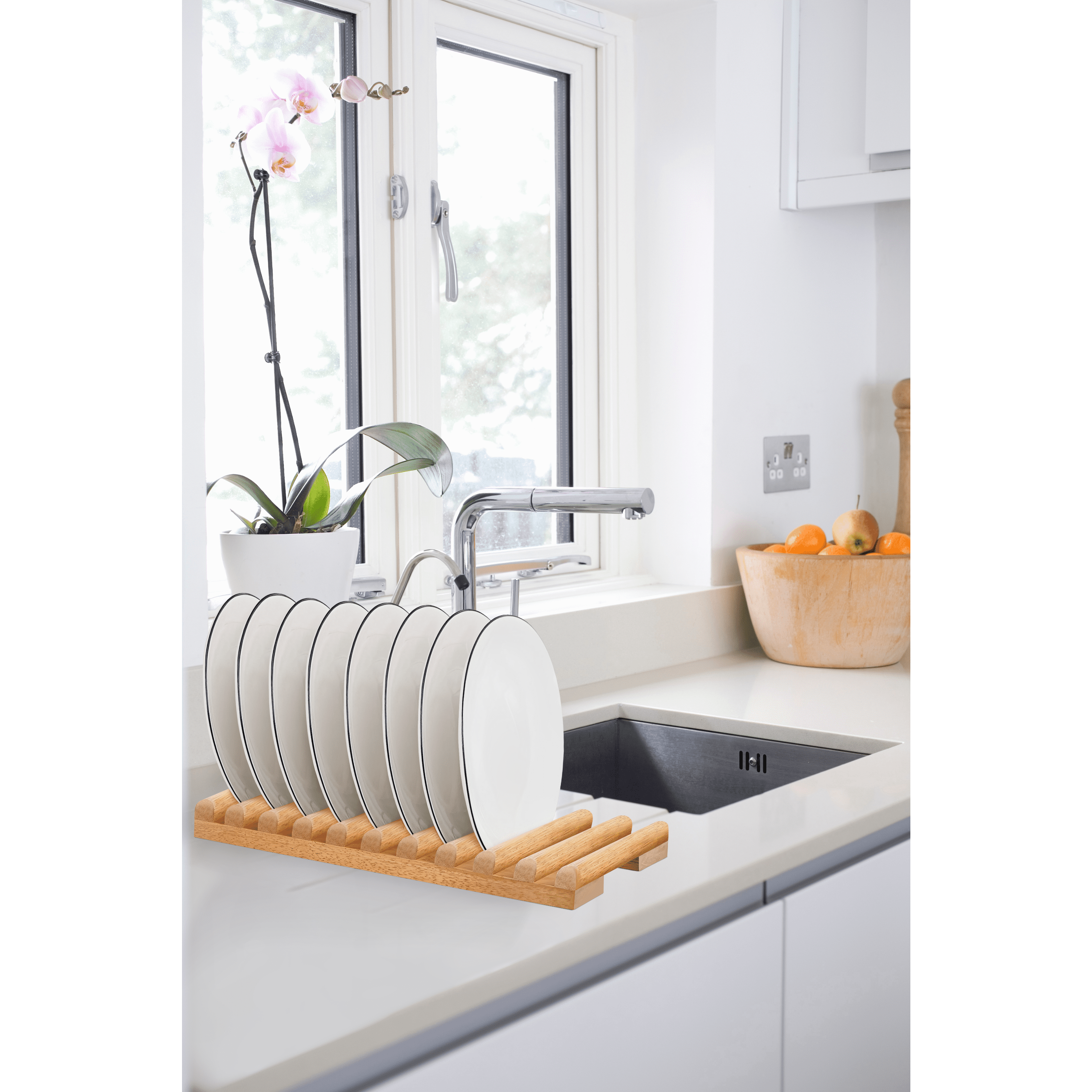 ILOT Solid Wood Kitchen Dish Drying Rack 10 Slots Plate Organizer for Cabinet New Apartment Essentials Plate Holder for Kitchen Display Countertop (Pack of 2)