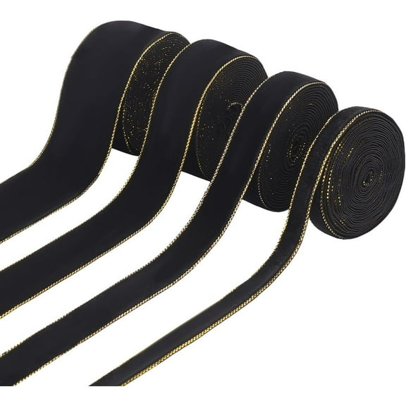 12 Yards 4 Sizes Velvet Wired Ribbon 0.4/0.7/1/1.5'' Wide Black Velvet Ribbon with Golden Edge