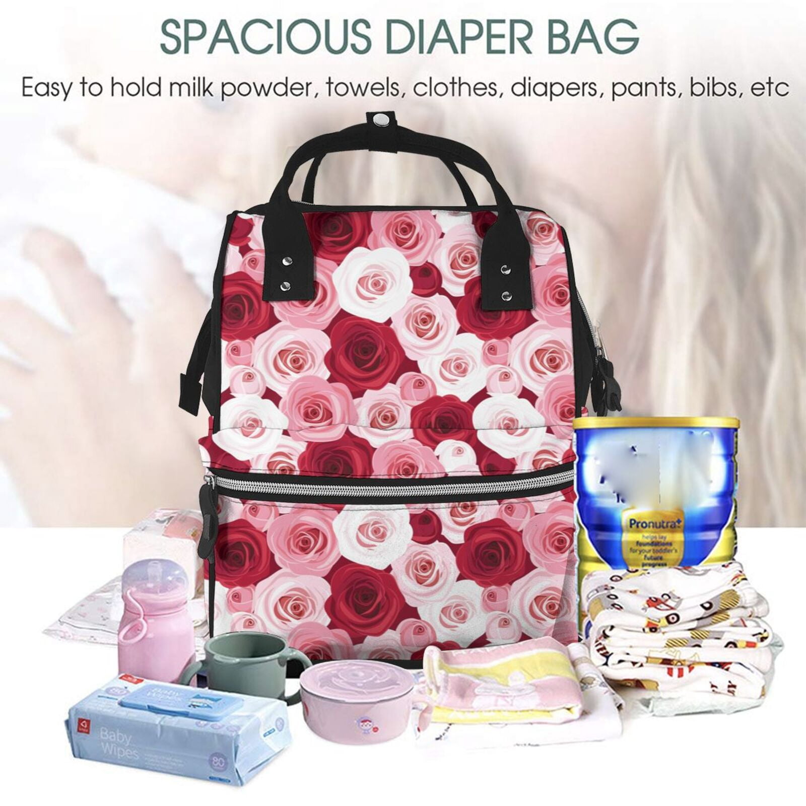 Ratiio Rose Mummy Backpack - Waterproof Twill Canvas, Large Capacity Diaper Bag with Multiple Pockets and Adjustable Straps