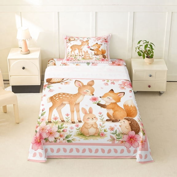 Manfei Cute Rabbit Twin Sheets,Woodland Animal Bedding,Pink,3pcs,1 Fitted Sheet and 1 Pillowcase