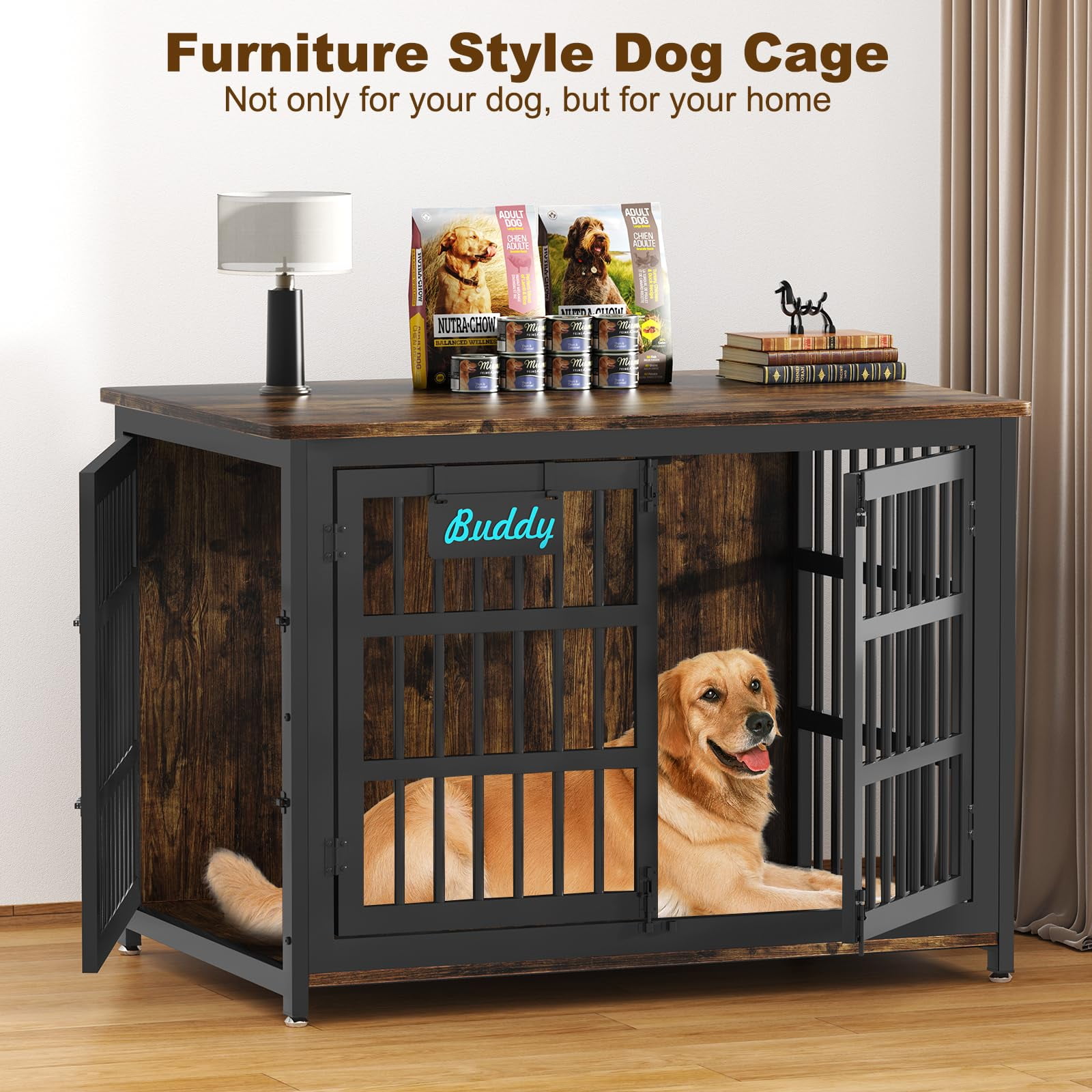 POAO 41"Heavy Duty Dog Crate Furniture with Name Tag,Chew Proof Prevent Escape for High Anxiety Dogs, Indoor Indestructible Dog Kennel ,Brown