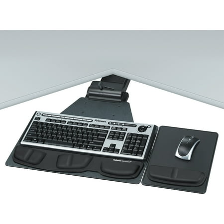UPC: 0043859519453 | Fellowes 8035901 Professional Series Corner Executive Keyboard Tray – 5.8 inch x 28.2 inch x 21.3 inch – Black