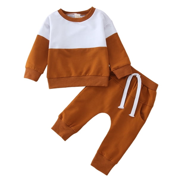 Gibobby Conjunto de ropa para bebé y niño Tops de Color de retazos de manga larga para niños pequeños, conjuntos deportivos informales de dos piezas(Marrón,12-18 Months )