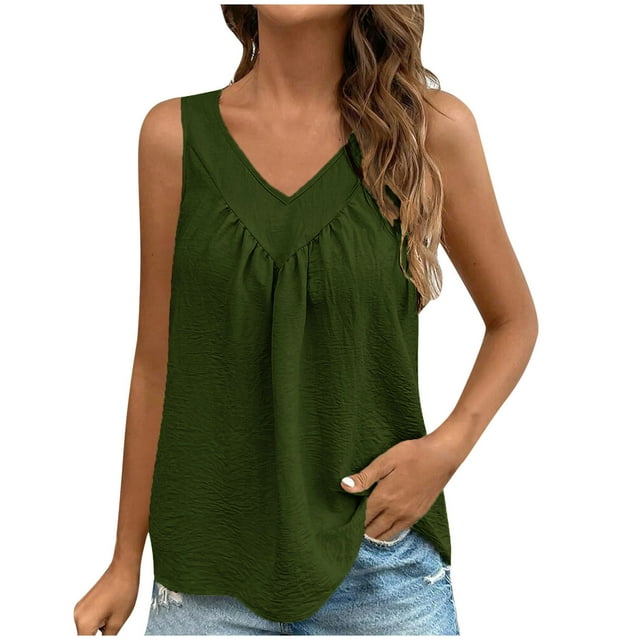 Timegard Summer Tops for Women Ruched Round Neck Sleeveless Tee Solid Color Tank Top Casual Fashion