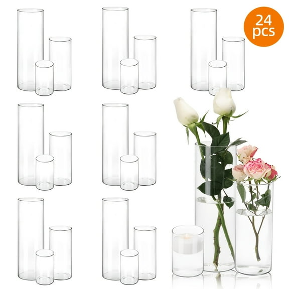 FestoCross 24-Pack Glass Cylinder Vases, 4 8 12 Inch Clear Flower Vases for Centerpieces, Hurricane Candle Holders for Wedding & Home Decor