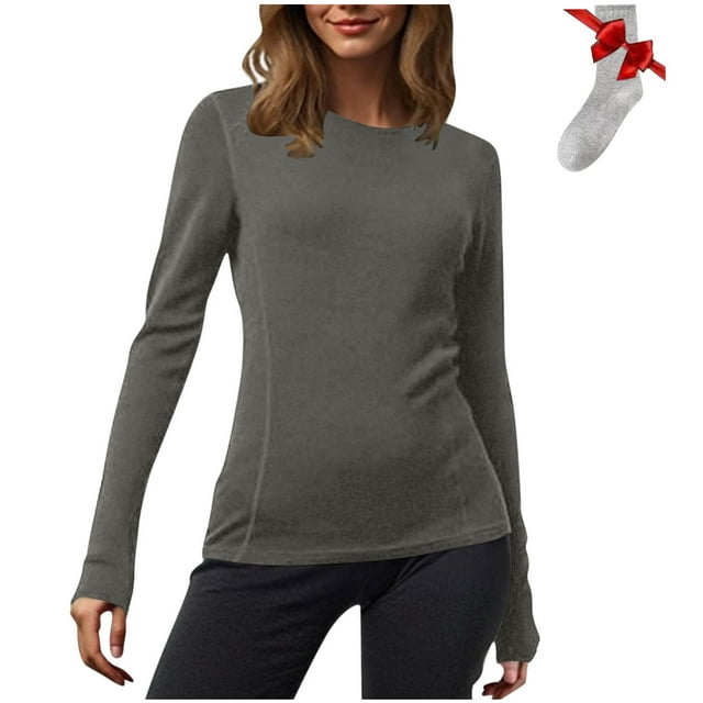 Yuyuzo Chandails à Manches Longues pour Femmes Thermiques Légers Couche de Base Col Rond T-Shirts Chauds et Confortables Hauts avec Chaussettes