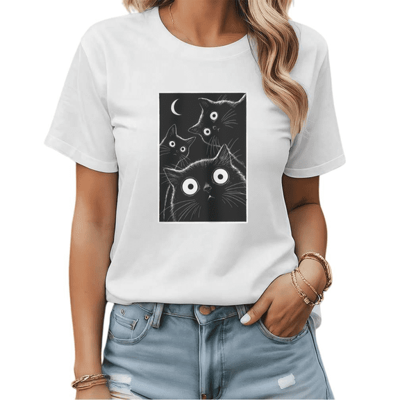 Cat Lover Gift Night Cats with Moon Graphic Tees Women's Mystical Minimalist Shirt