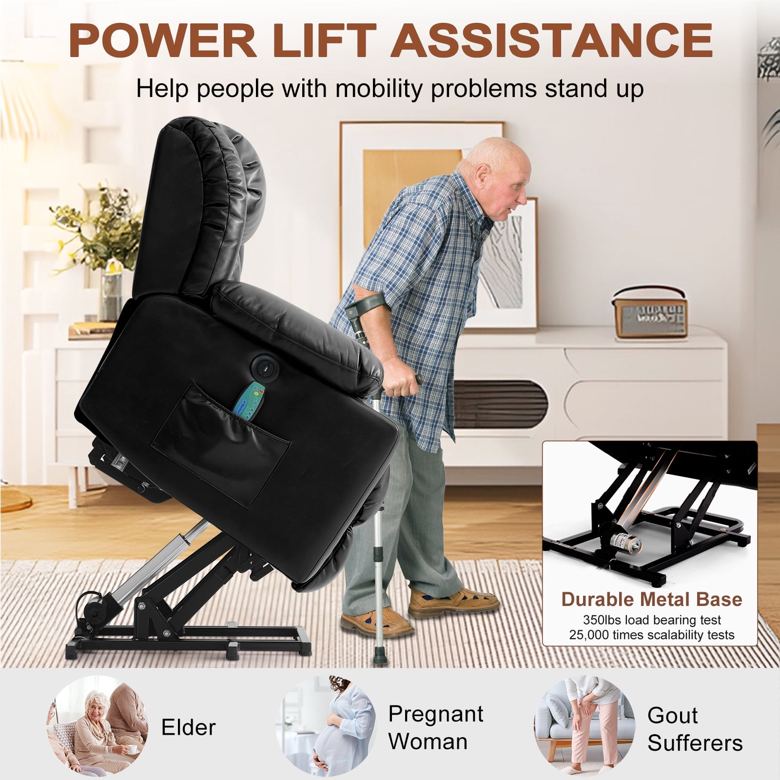 INGALIK Large Power Lift Recliner Chair with Heating and Massage, Breathable Leather Electric Lift Assist Recliner for Living Room with USB Charge, Cup Holders (Black)