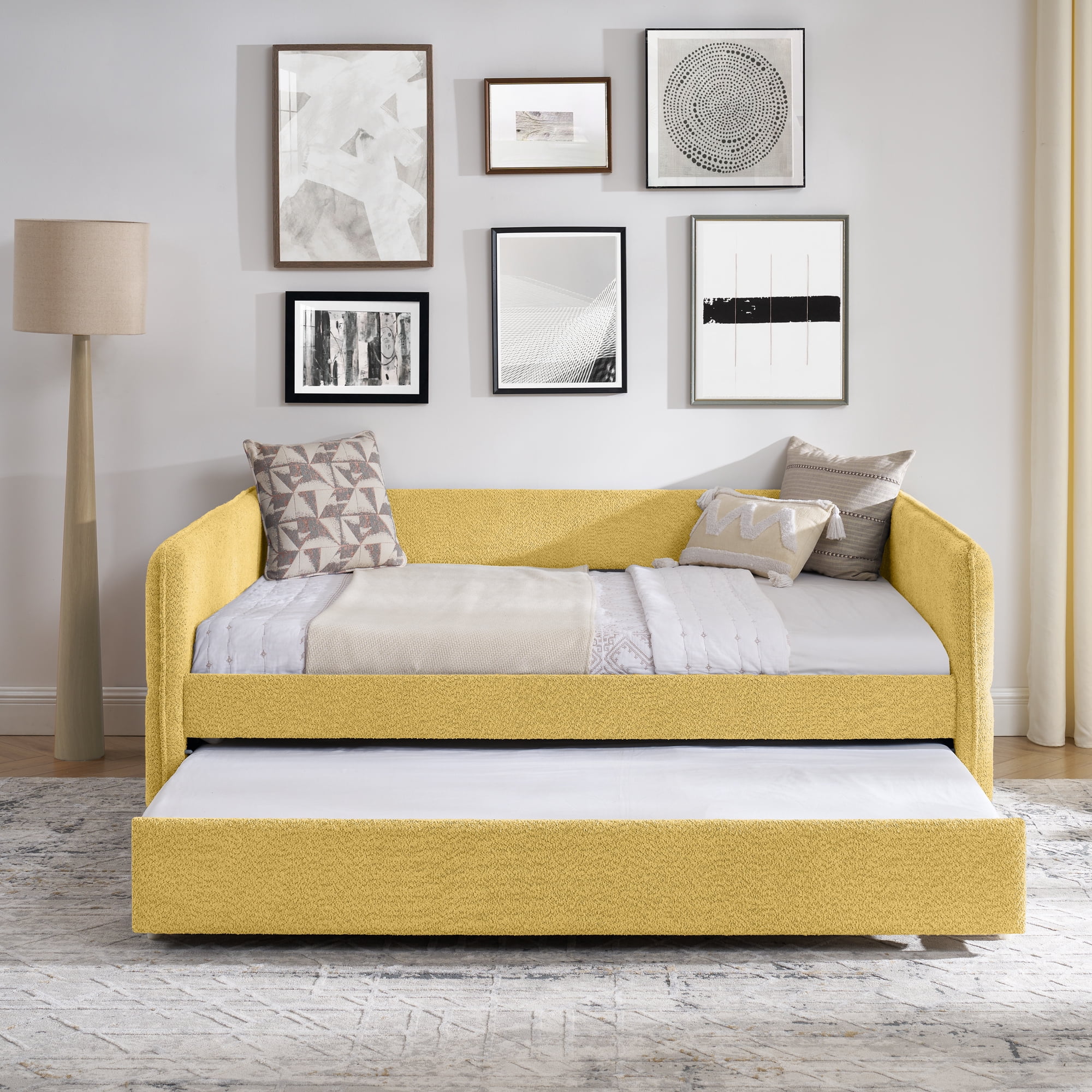 Mintazer Full Upholstered Daybed with Trundle, Boucle Fabric Sofa Bed for Living Room & Bedroom, Yellow