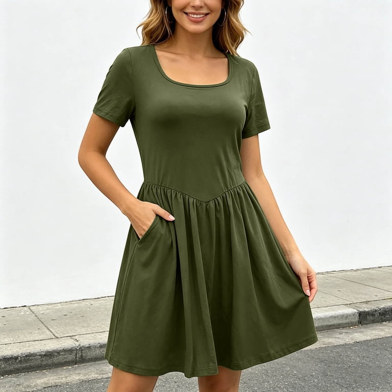 short skin color dress Women 2/3 Long Sleeve Tie V-Neck Loose Casual Short Solid Color Dress