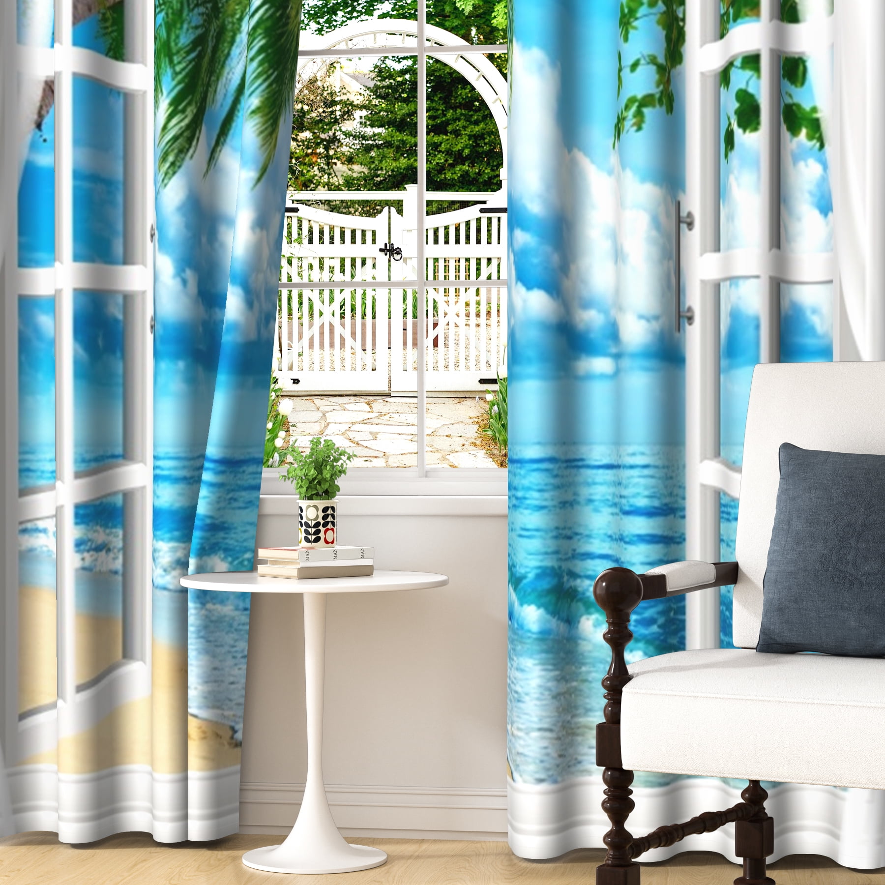 Tropical Ocean Beach Blackout Curtains, Room Darkening Grommet Curtains, White Window View, 52"x63", 2 Panel