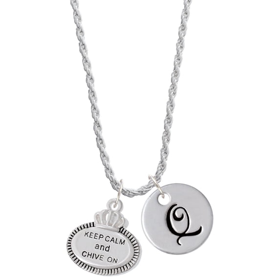 Delight Jewelry Silvertone Keep Calm and Chive On Silvertone Script Initial Disc - Q - Charm Necklace, 20"+3"