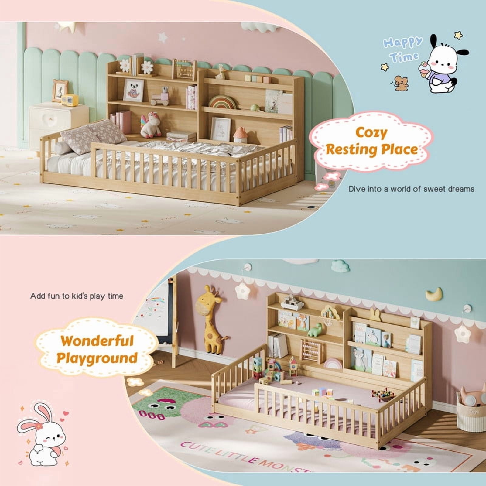Twin Size Kids Montessori Floor Bed with Bookshelf & Safety Guardrail, Wood Low-Profile Platform Bed Frame with Slats
