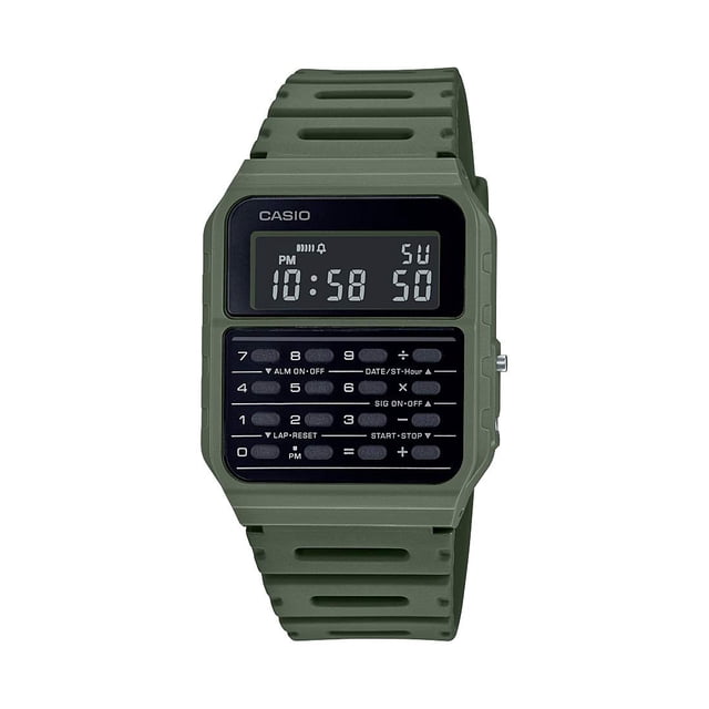 Casio CA53W Serie Vintage | Verde | Banco de datos | Cronómetro 1/100 SEC | Resistente al agua | Calculadora de 8 dígitos | Hora dual | Banda de resina | Caja de resina | Calendario automático | Alarm