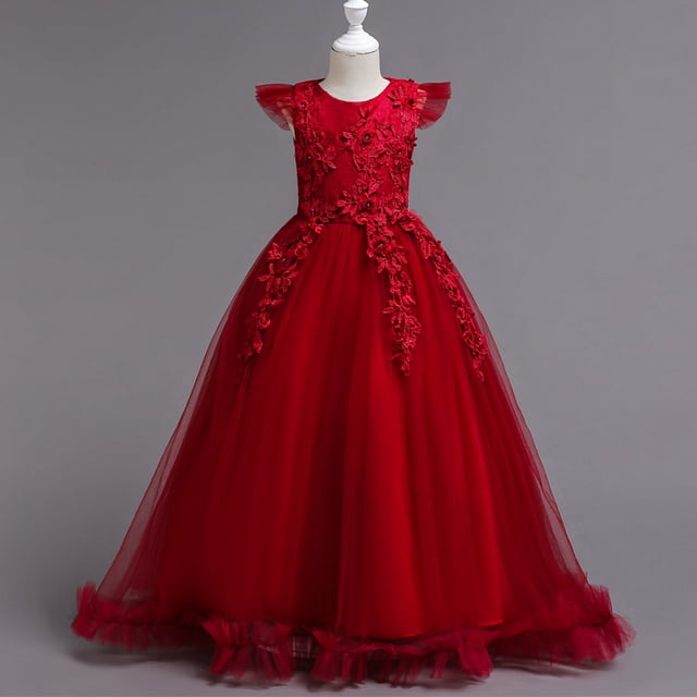 Jusqu'à 30 % de Rabais, Robe d'Été pour Fille, Sans Manches à Volants en Dentelle, Broderie à Col Rond, Jupe Princesse en Tulle avec Nœud, Décontractée pour Fête, Tenue de Festival, Légère, Respirante, Âge 4-12/100 % Polyester, Rouge