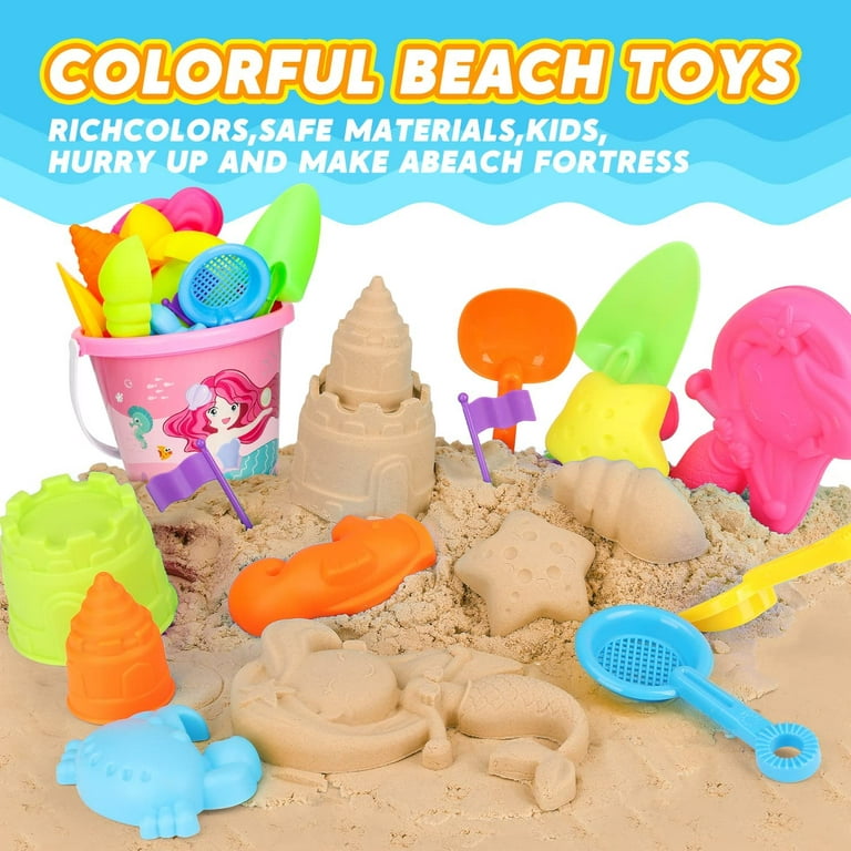 Toy Life Beach Sand Toys for Kids - Mermaid Beach Toys for Kids 3-10, Toddler Sandbox Toys with Beach Bucket, Sand Shovels, Sand Castle Molds, Animal