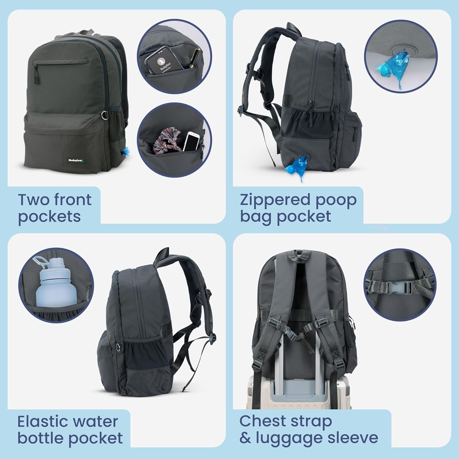 Dog Travel Bag for Supplies - Backpack with 2 Collapsible Dog Bowls, Food Bag, Treat Pouch: Dk Grey