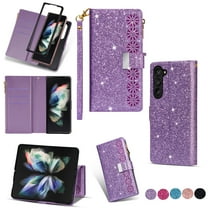 Feishell Zipper Wallet Case for Samsung Galaxy Z Fold 7,Bling Glitter Fashion PU Leather Magnetic Clasp Flip ID Credit Card Slots Purse Folio Phone Cover with Wrist Strap,Purple