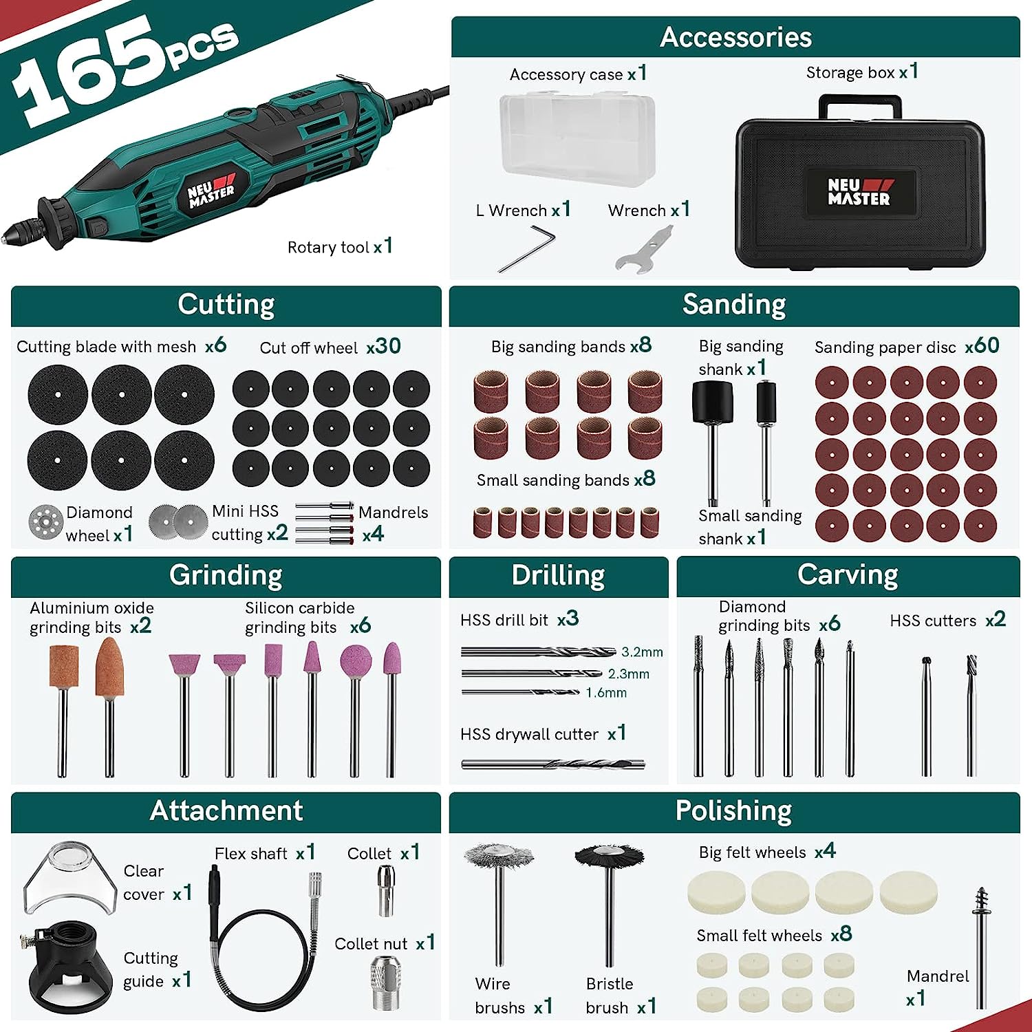 NEU MASTER 180W Rotary Tool Kit with 165 Accessories photo 6
