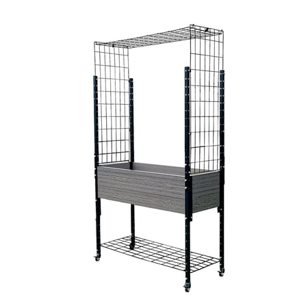Mobile Elevated Garden Planter Box Raised Garden Bed w/ Trellis Arch & Under Shelf Wood Texture Grey & Black