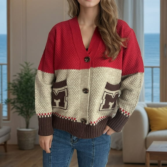 Qetyuw Color Block Sweater for Women Button Up Long Sleeve Cardigan Jacket Knitted V Neck Chunky Casual Cardigans Sweaters