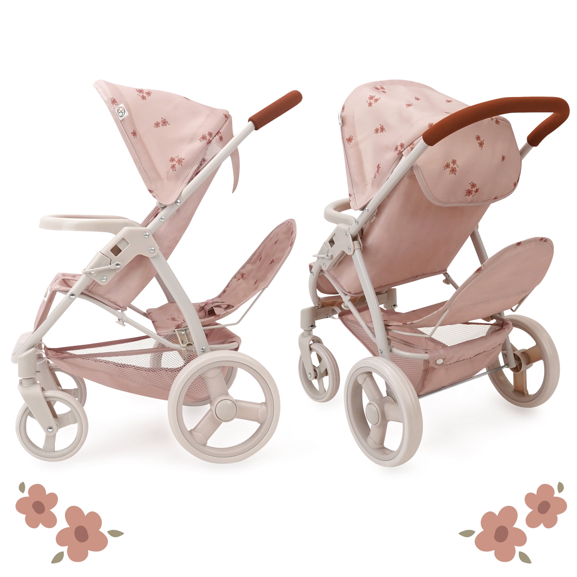 509 Crew: Ballet Flora - Mabelle Duo Twin Doll Stroller - Soft Pink & Flowers, Sun Canopy, Storage Basket, Foldable, Doll Care Accessory Toy, Kids 3+