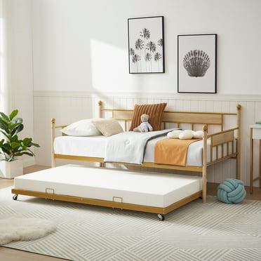 Daybed, sofa bed metal framed with trundle twin size, golden, 77'' L x 40.6'' W x 14.5''H