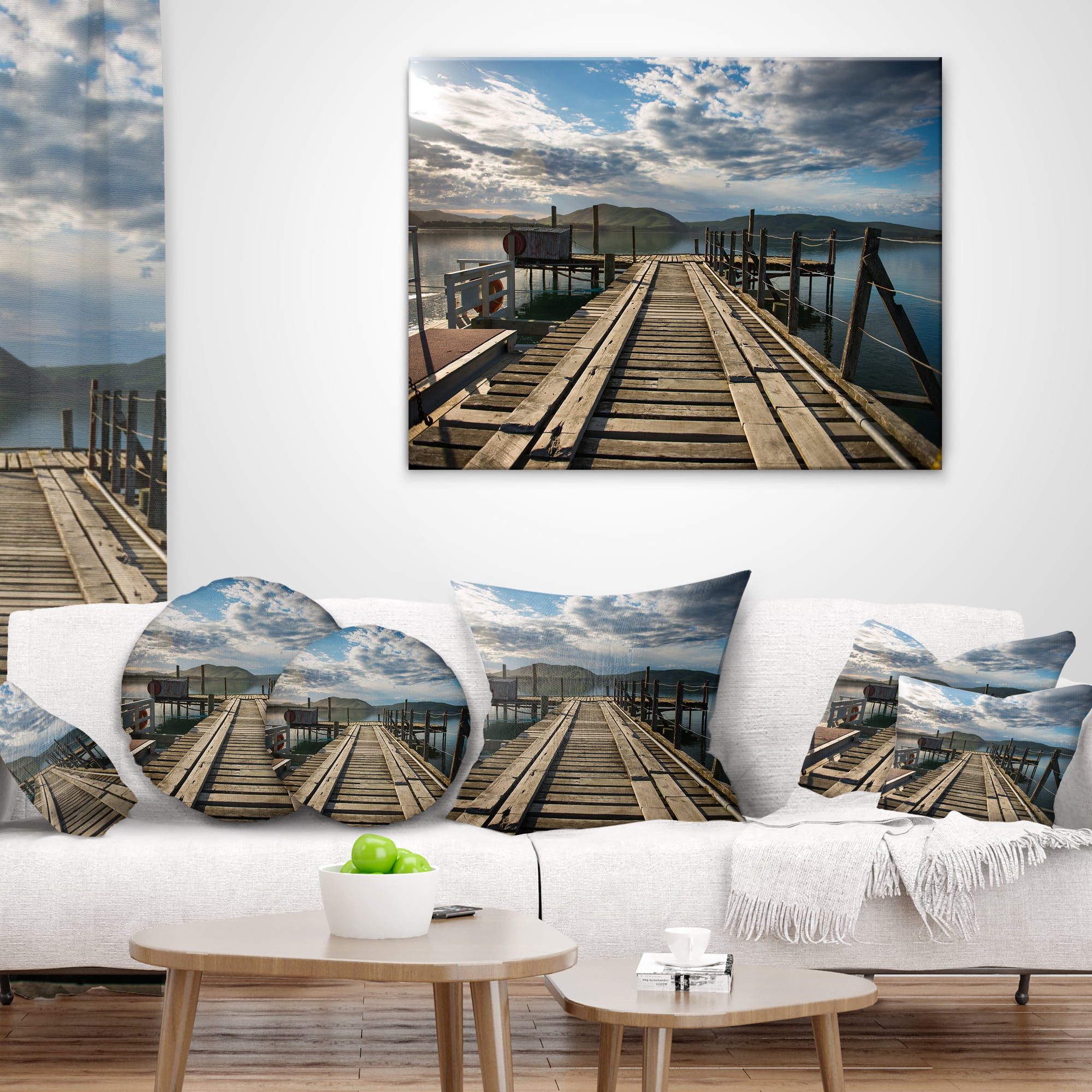 Designart Large Wooden Bridge in New Zealand - Sea Bridge Throw Pillow - 18x18