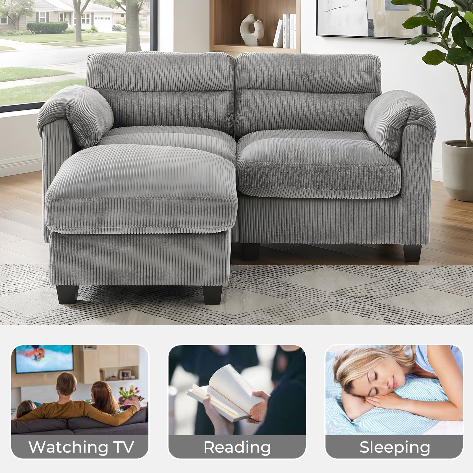 Bonzy Home Modern Loveseat with Ottoman Modular Sectional Sofa Couches for Living Room Entertaining Guests or Relaxing Alone for Small Spaces Apartment Gray