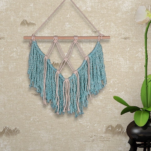 Mobutofu Blue Cotton Wall Tapestry with Tassel Decoration, Hand Woven