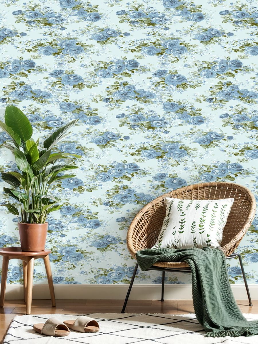 Flower Peel and Stick Wallpaper 17.7in x 9.8ft Blue Rose Floral Soft Green Accents Light Contact Paper Vinyl Waterproof Self Adhesive Wall Paper for Bedroom Shelf Cabinet Renter Friendly