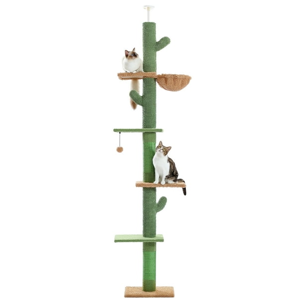PAWZ Road 5-Level Cat Tree Cactus Style Floor to Ceiling Tower 95-107 Inches for Indoor Small Cats, Green