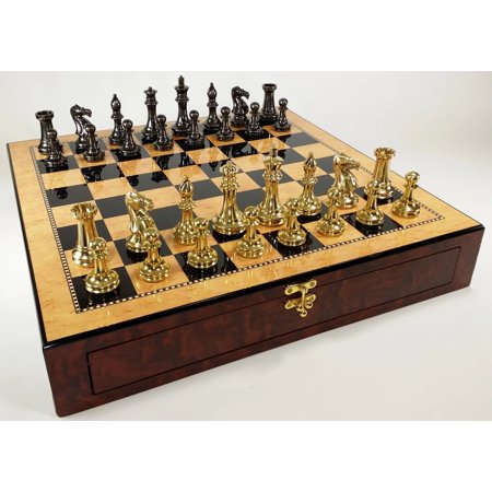 BRASS Black Gold Staunton Exclusive Chess Set Lrg 20 Walnut Color Storage Board
