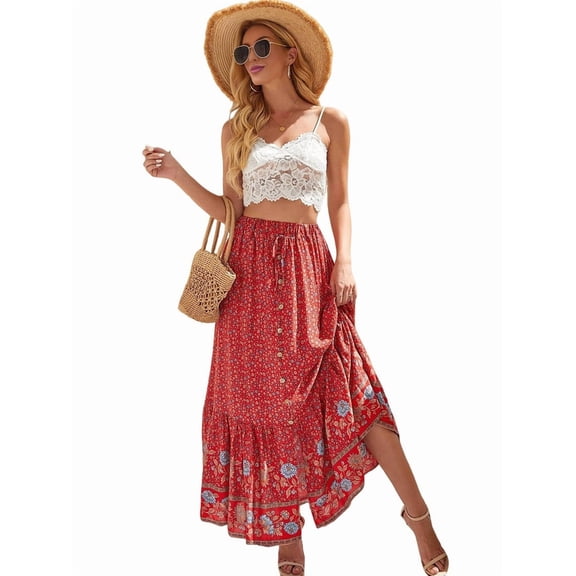 Maxi Skirts for Women 2025 Summer Boho Long Flowy Floral Elastic High Waist Front Slit Skirt Casual Travel Skirt Red M