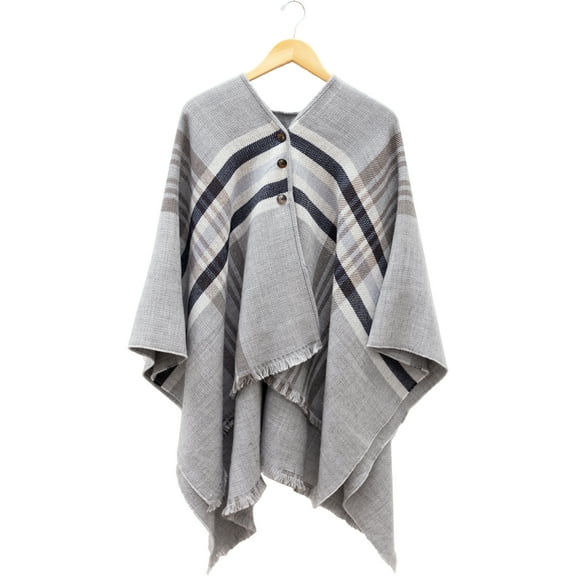 Gray, Tan & Black Plaid - 51" x 56" Ruana One Size Fits Most