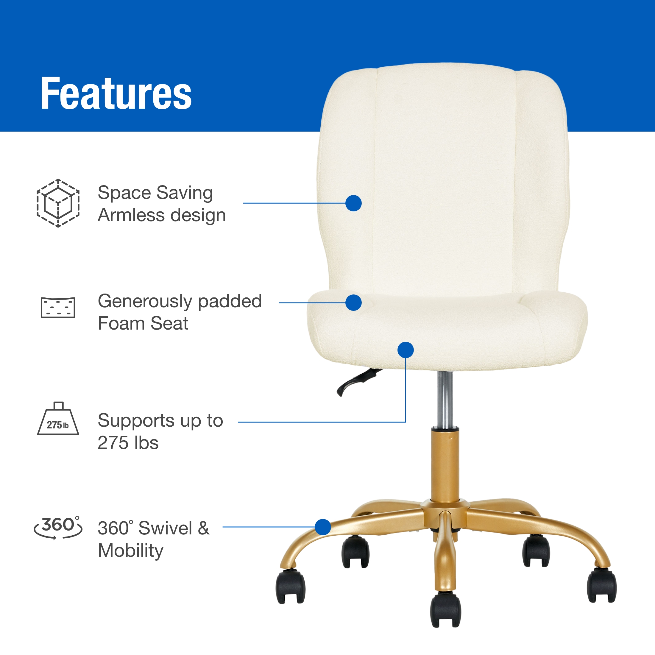 Mainstays Bouclé Armless Office Chair, Adjustable Height, Cream photo 2