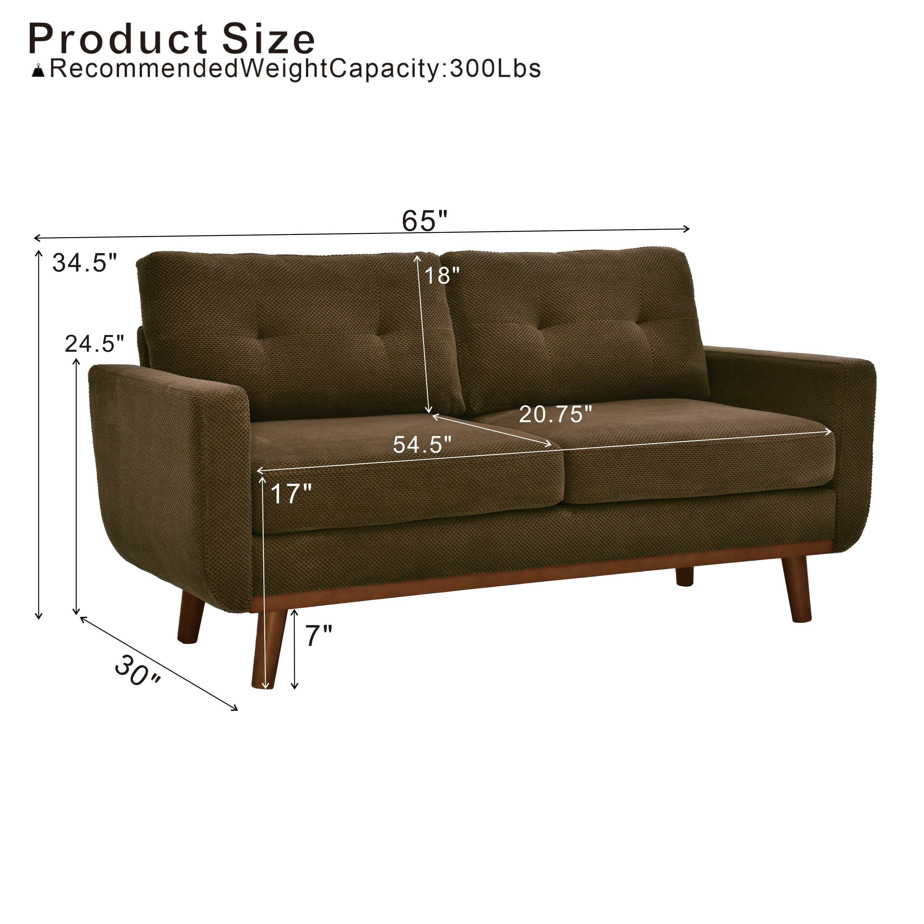 Lunale 65" Loveseat Sofa for Small Space, Modern Cozy 2-Seater Upholstered Couch with Wood Legs, Brown Polyester