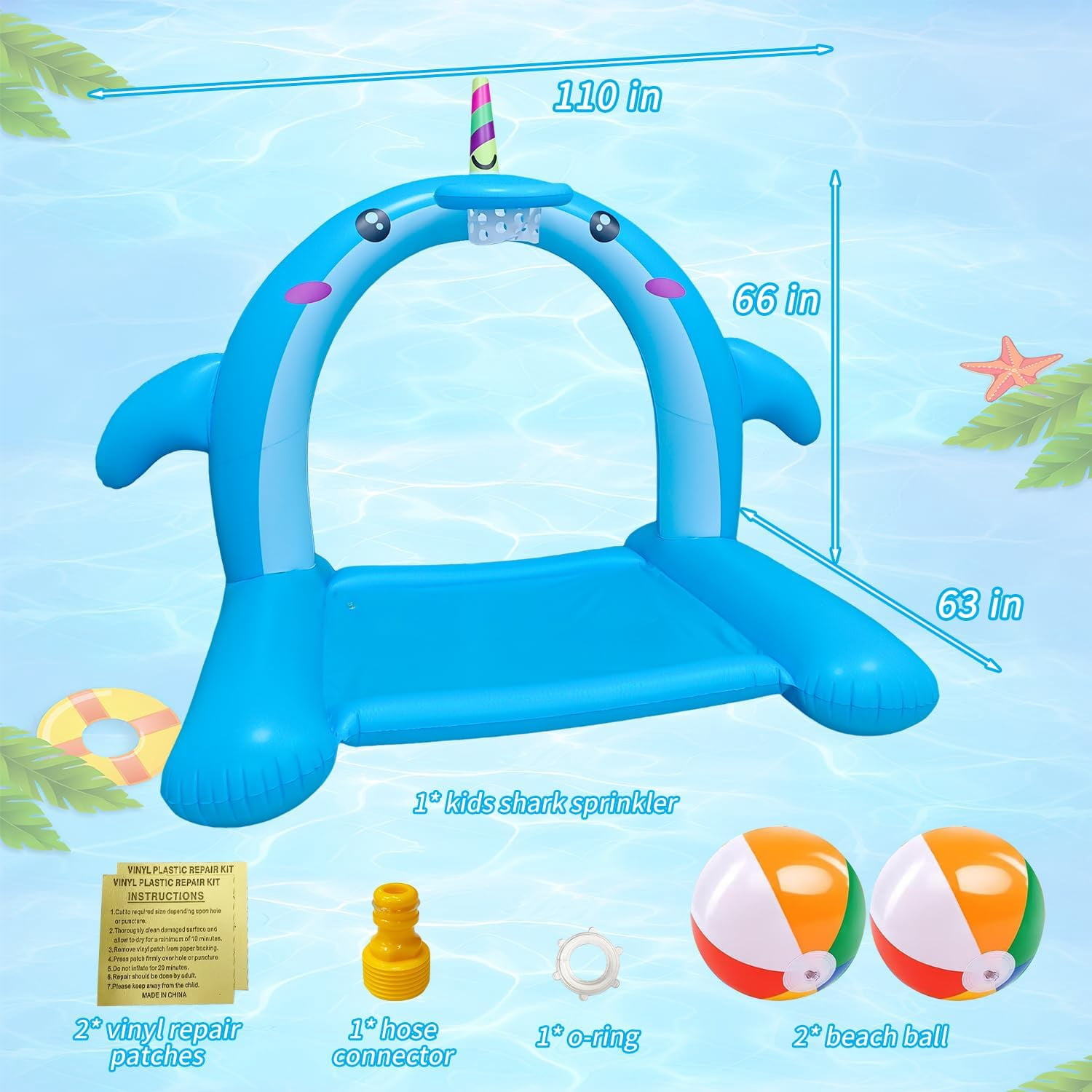 Sprinkler for Kids Outdoor Play - Giant Inflatable Shark Water Toys Splash Pad with Basketball Hoop and Tossing Game, Summer Outdoor Game for 3-8 Year Old, Water Fun Sprinkler for Kids