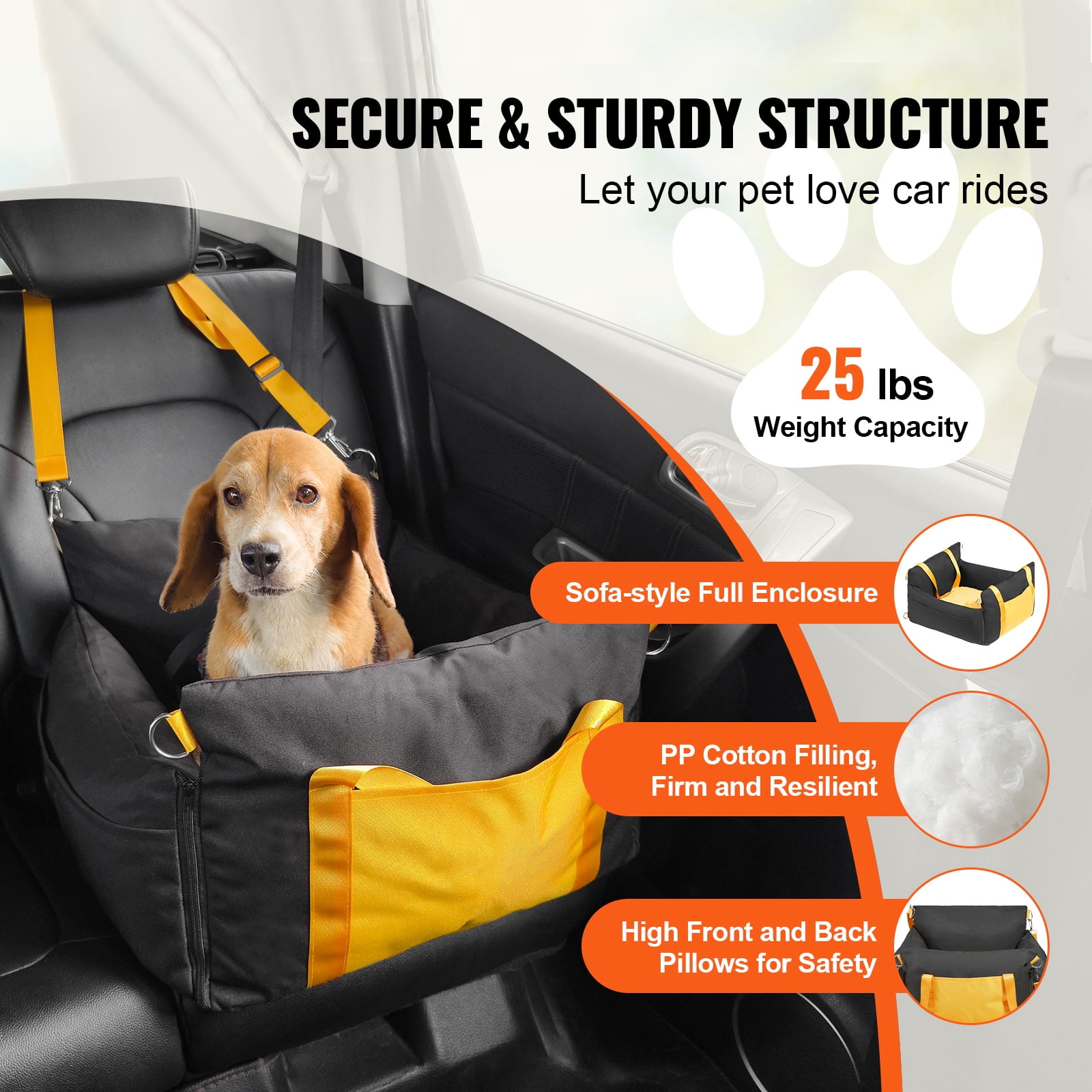 KFFKFF Pet Car Seat, Water-Resistant Booster Seat for Dogs with Handles, Storage Compartment, Safety Tether, and Soft PP Cotton Padding, Ideal for Small Dogs up to 25lbs, Black