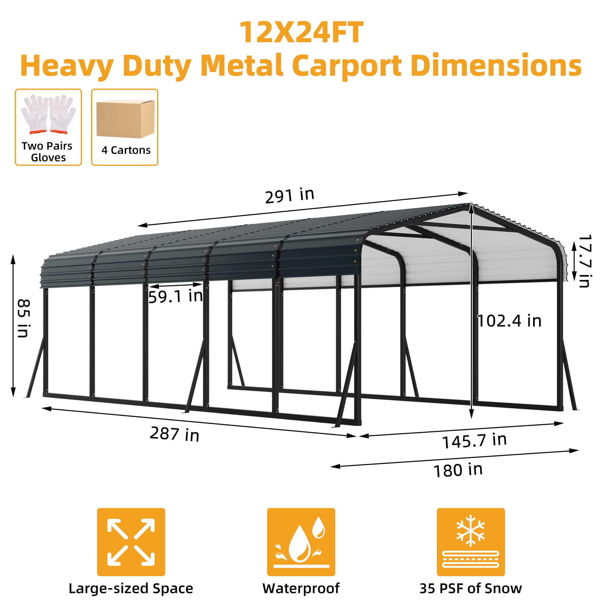 Lumiparty 12'x24'x8.5' Waterproof Metal Carport, Heavy Duty Steel Shelter for Tractors, Pickup, Boat & Car