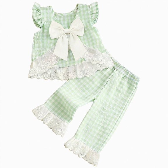 newwalpole Baby Girls clothes Cute Checkered Outfit 6 12 18 24 Months 2T 3T 4T Bow Sling Top Ruffle Shorts for Summer Play Light Green for Size 12-18 Months